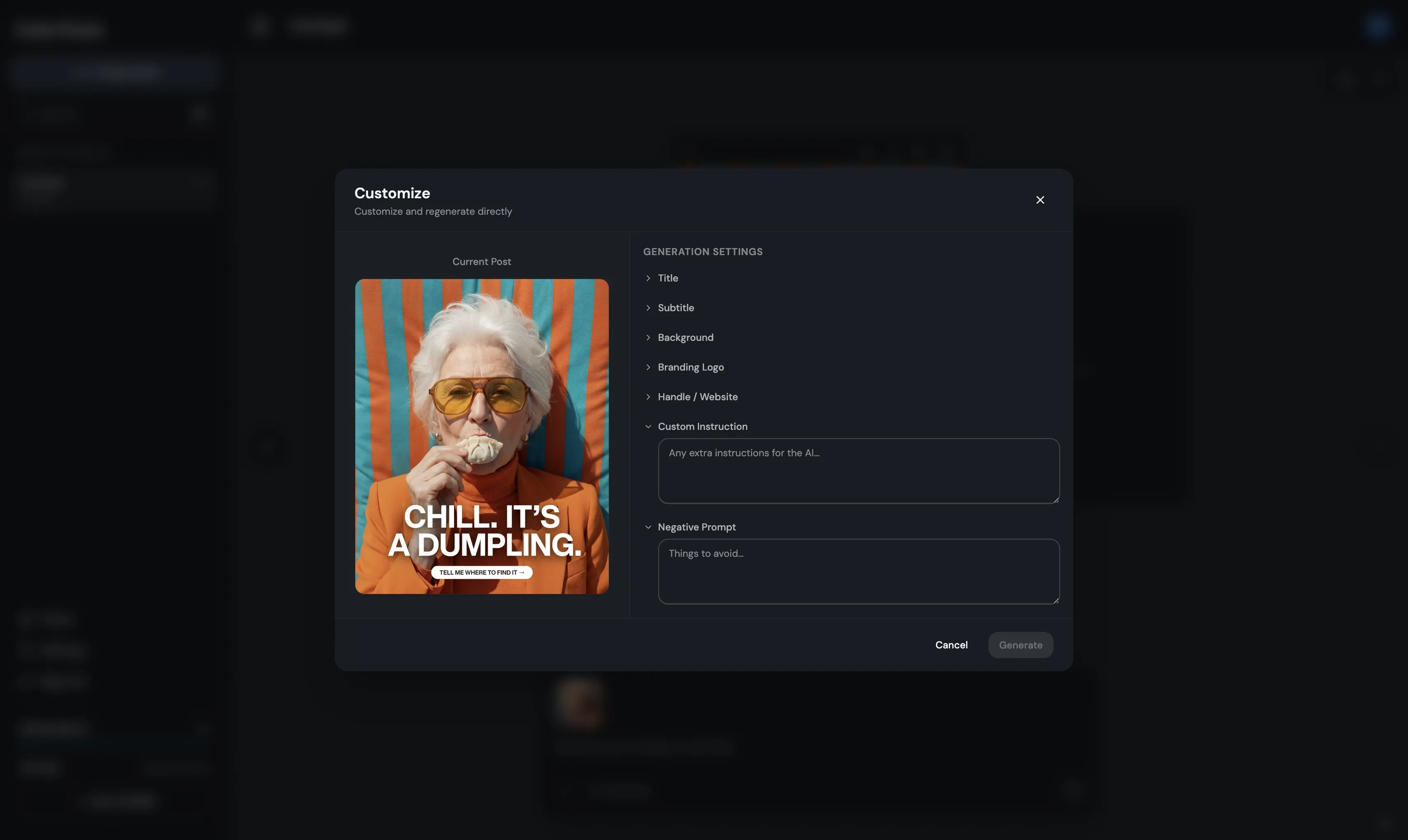 Customization panel for editing AI-generated carousel slides
