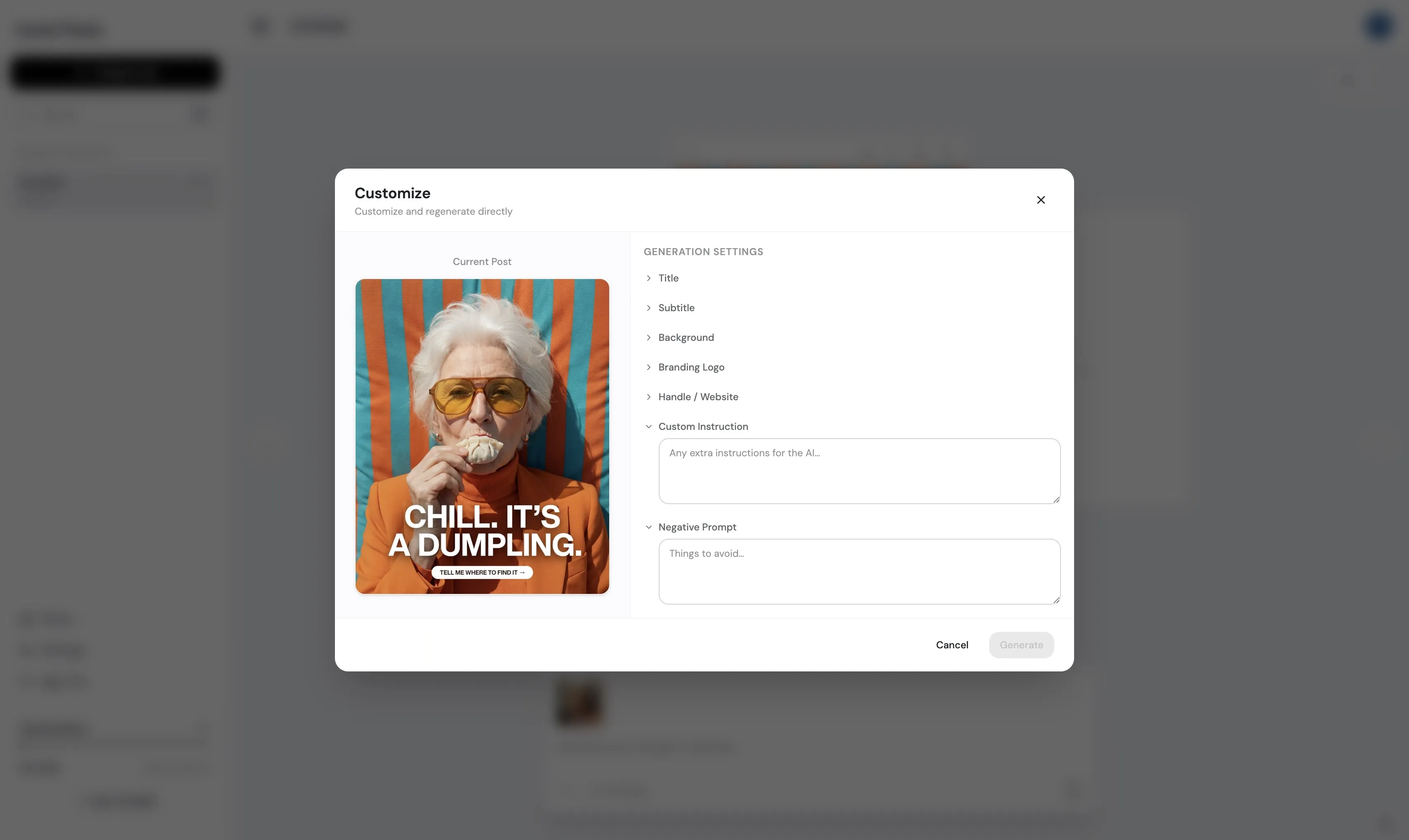 Customization panel for editing AI-generated carousel slides
