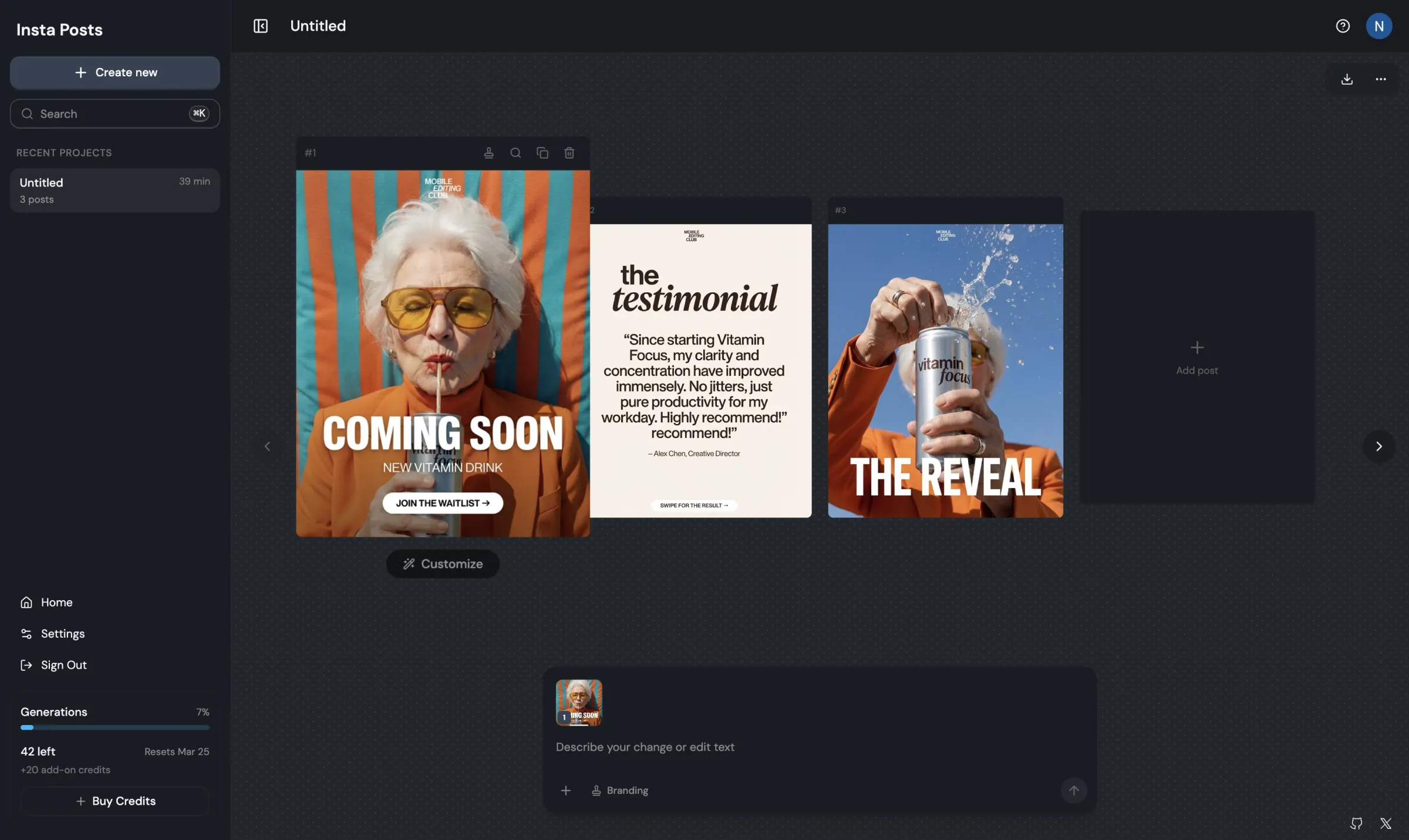 AI carousel generator creating Instagram carousel posts from a text prompt