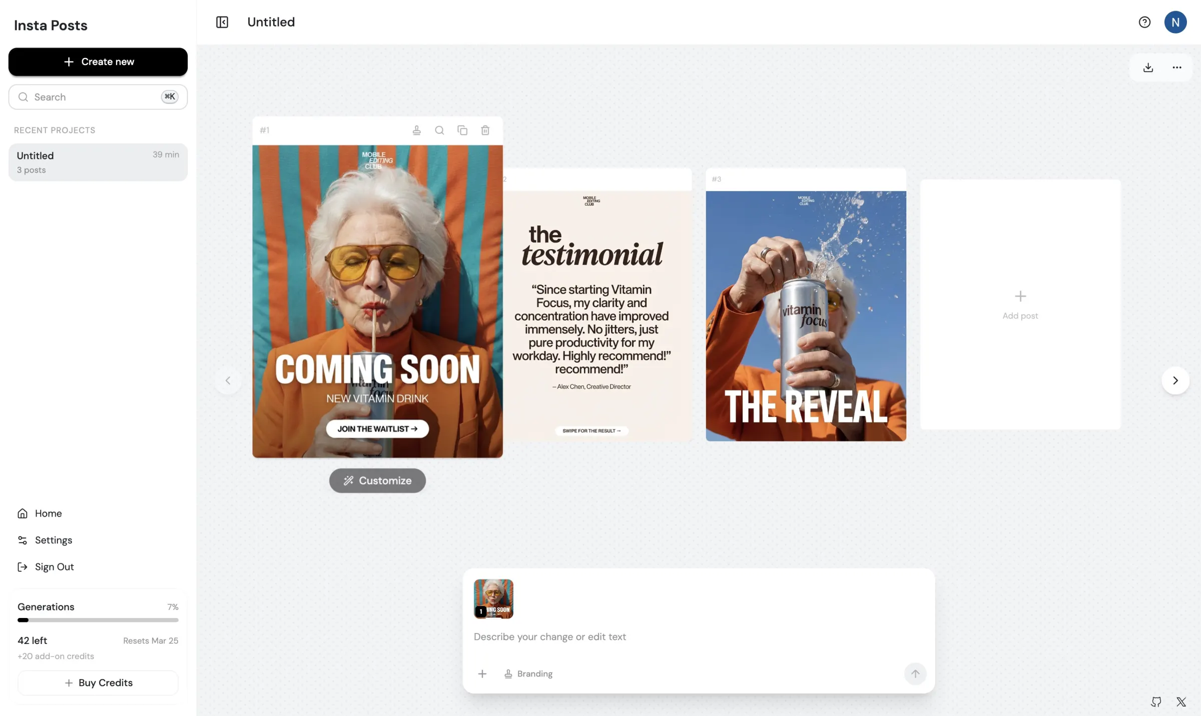 AI carousel generator creating Instagram carousel posts from a text prompt