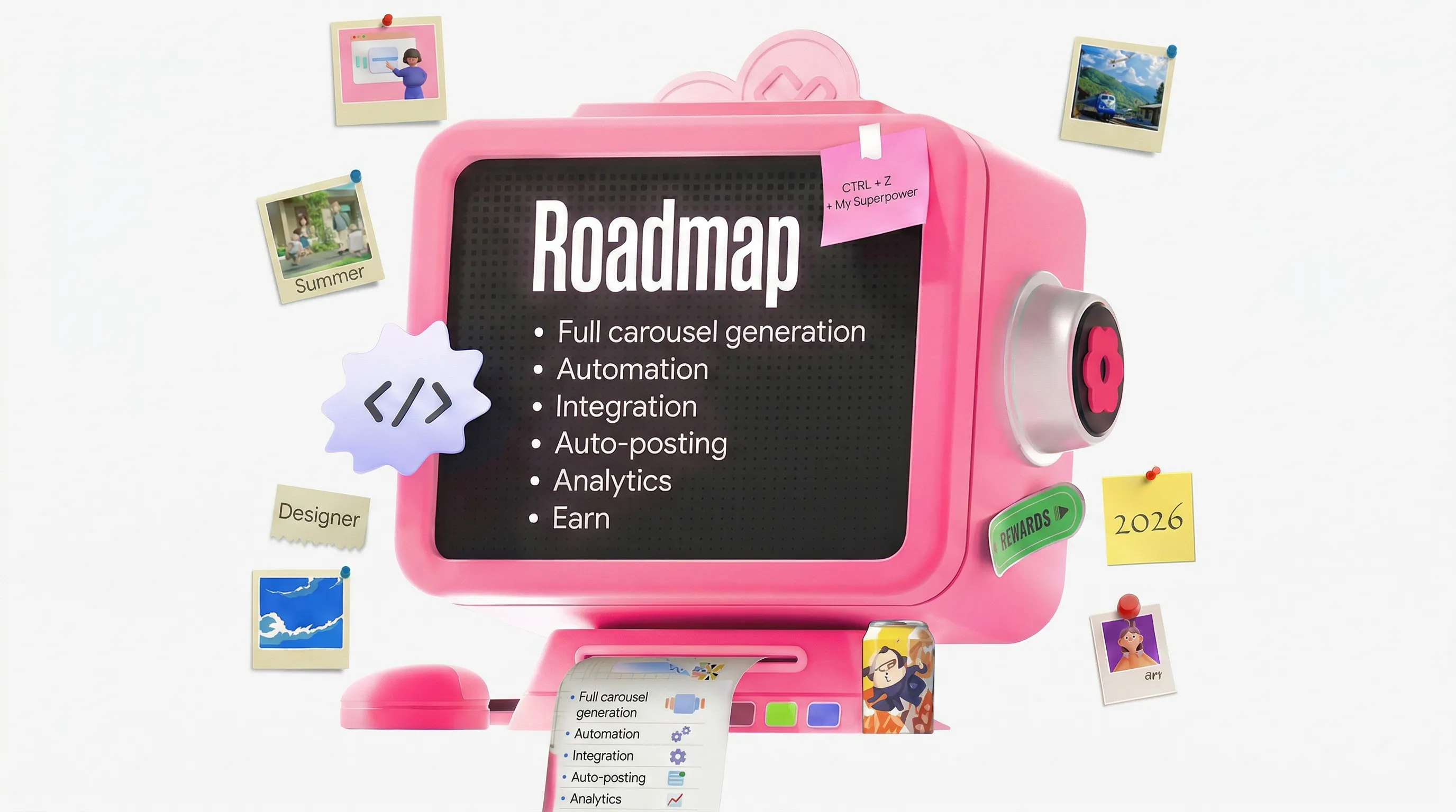 Product roadmap showing upcoming features for the AI carousel generator
