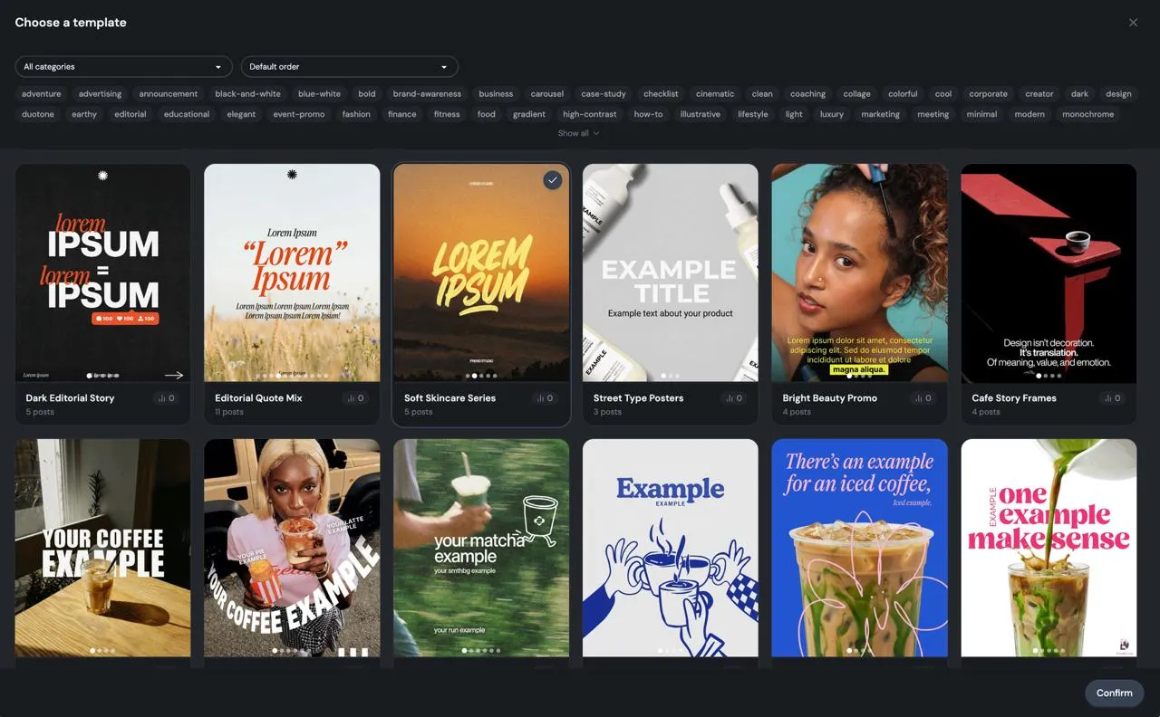 Template gallery showing diverse carousel post designs for Instagram and LinkedIn