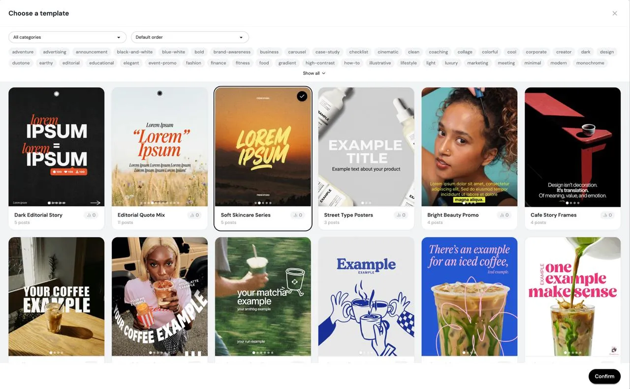 Template gallery showing diverse carousel post designs for Instagram and LinkedIn