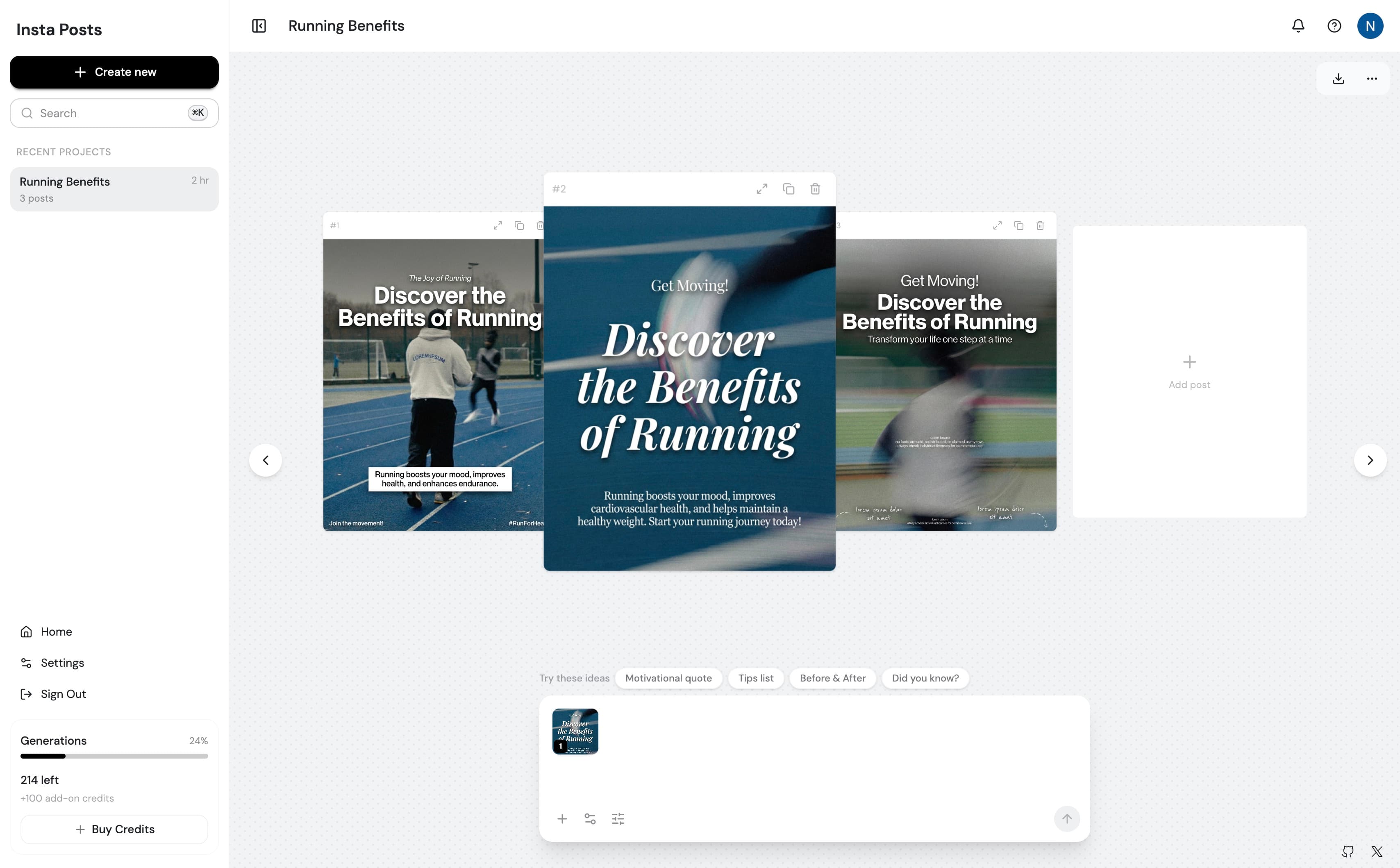 Insta Posts AI carousel generator app interface - dark mode