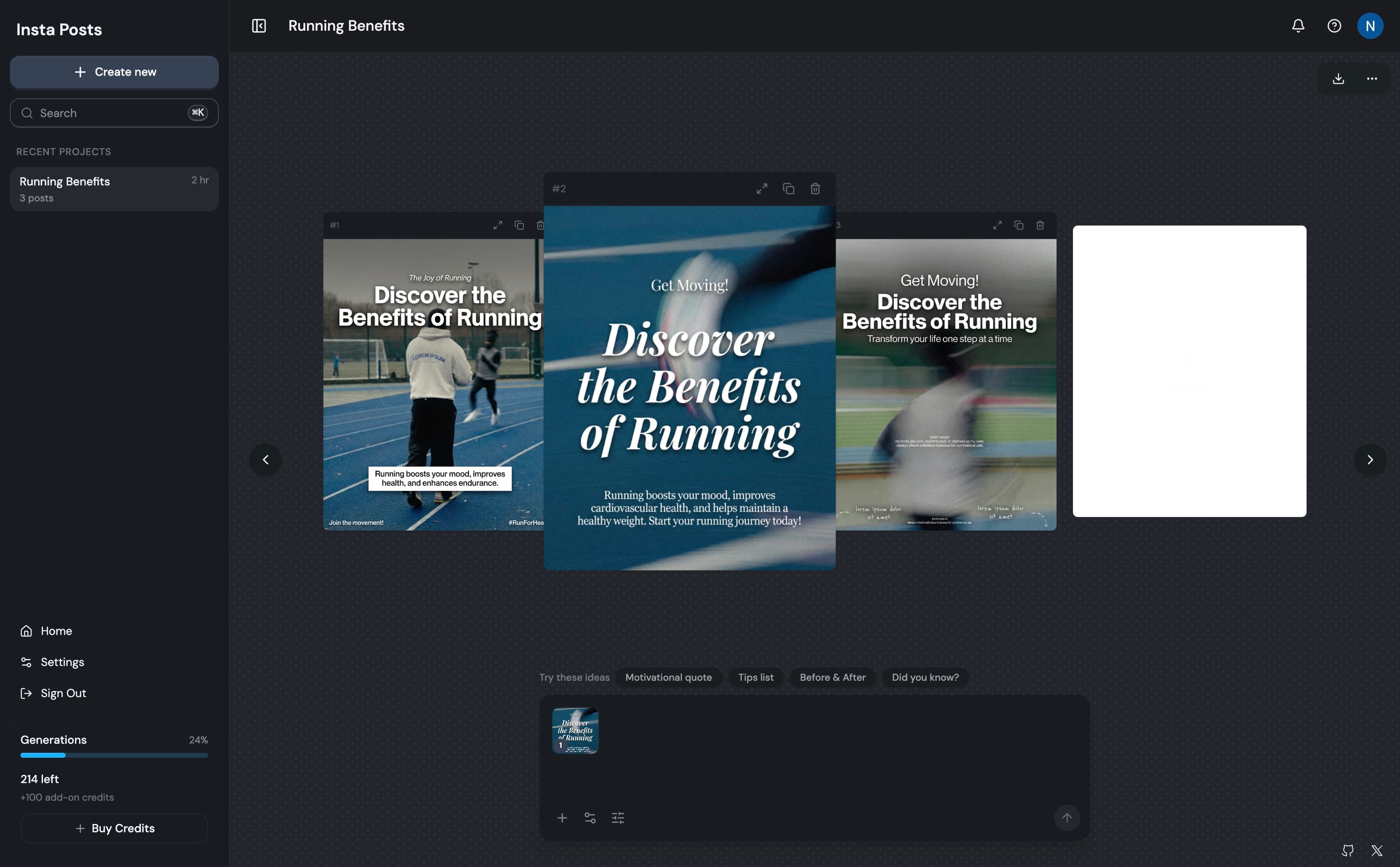 Insta Posts AI carousel generator app interface